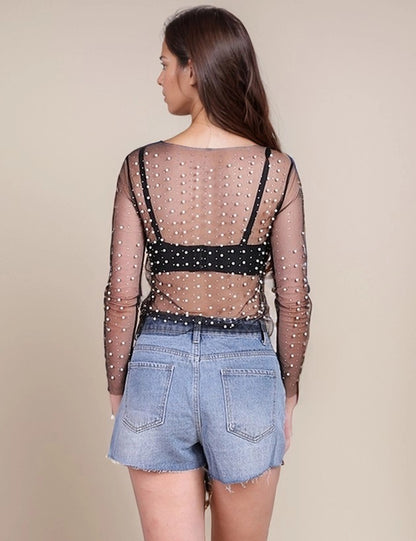 Black Mesh Pearl Rhinestone Studded Crop Top